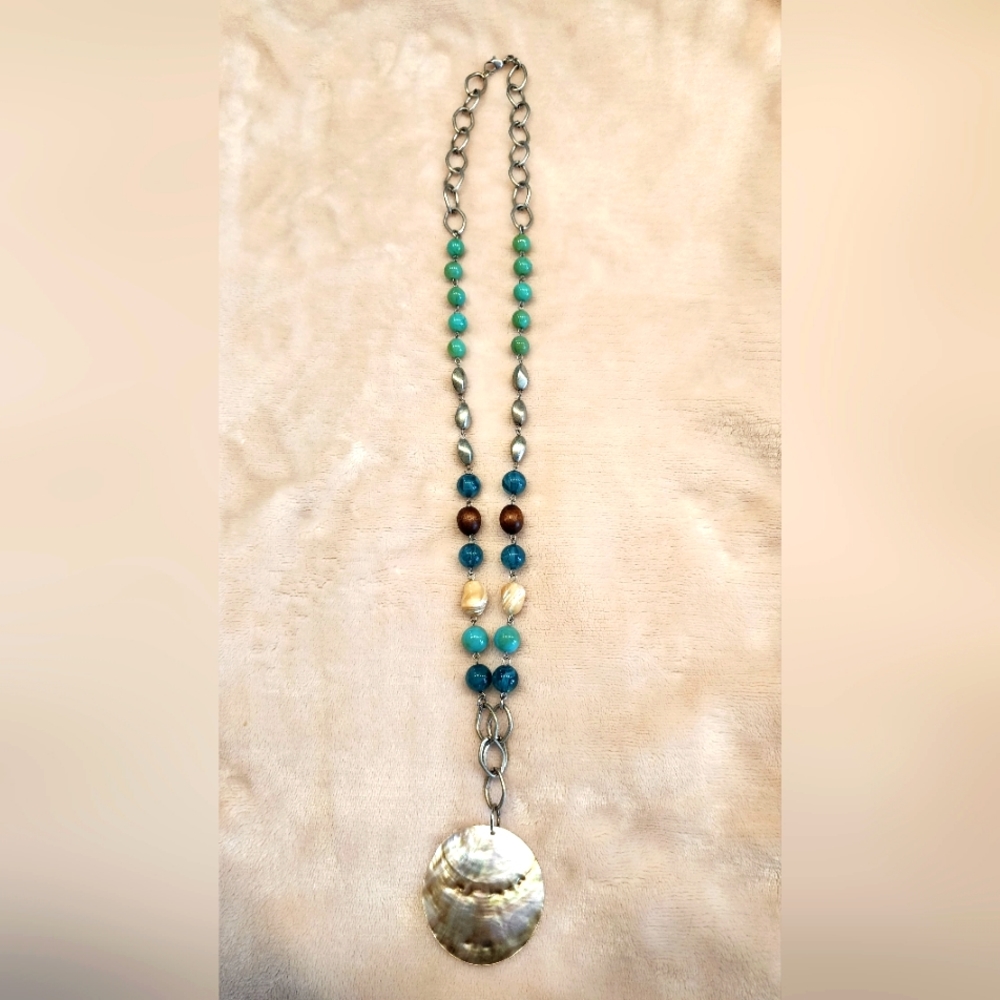 Coin Shell Necklace. Pearl. Silver. Wood. Teal. Aqua. Green.